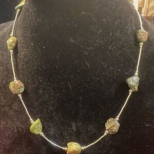 Pyrite ( serpentine)Station necklace with silver toned chain